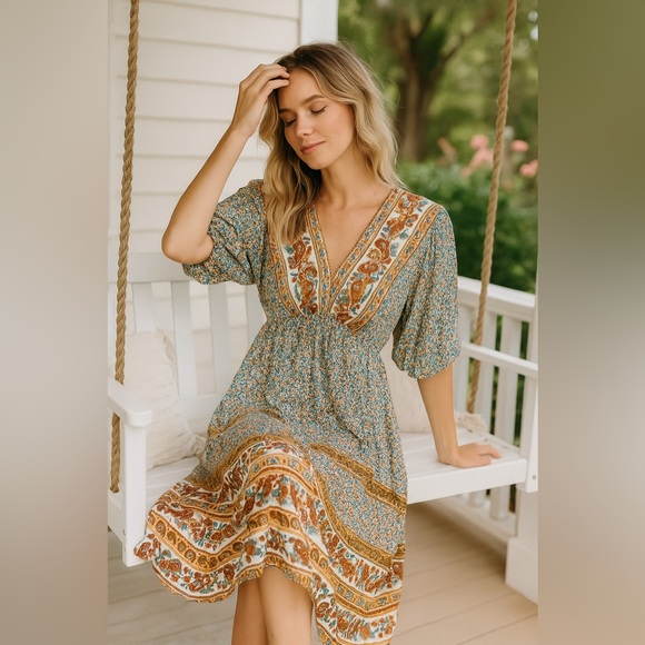 Boho Mixed Print Asymmetrical Hem Back Tie Dress Umgee Boutique NWT S #994 - Picture 3 of 13